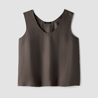 Top tank z zakrzywionym dekoltem w kształcie litery V, jedwabna twill, swobodny fason