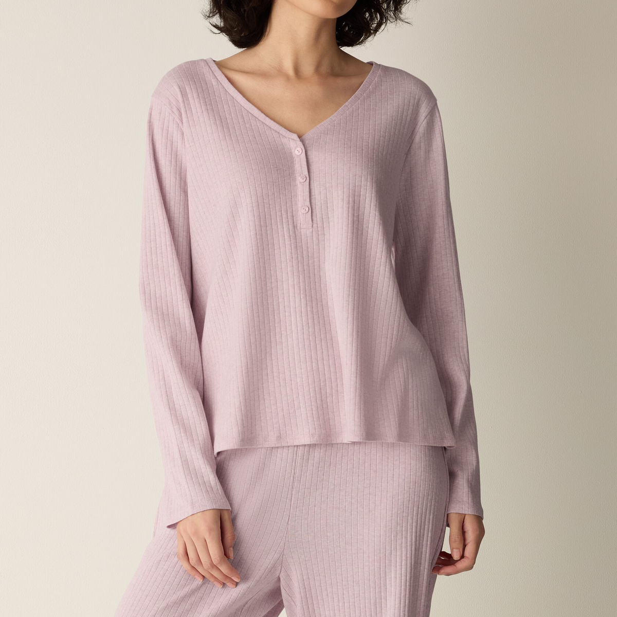 Bluzka piżamowa z długimi rękawami, dekolt V, zapinanie henley, żebrowana bawełna organiczna